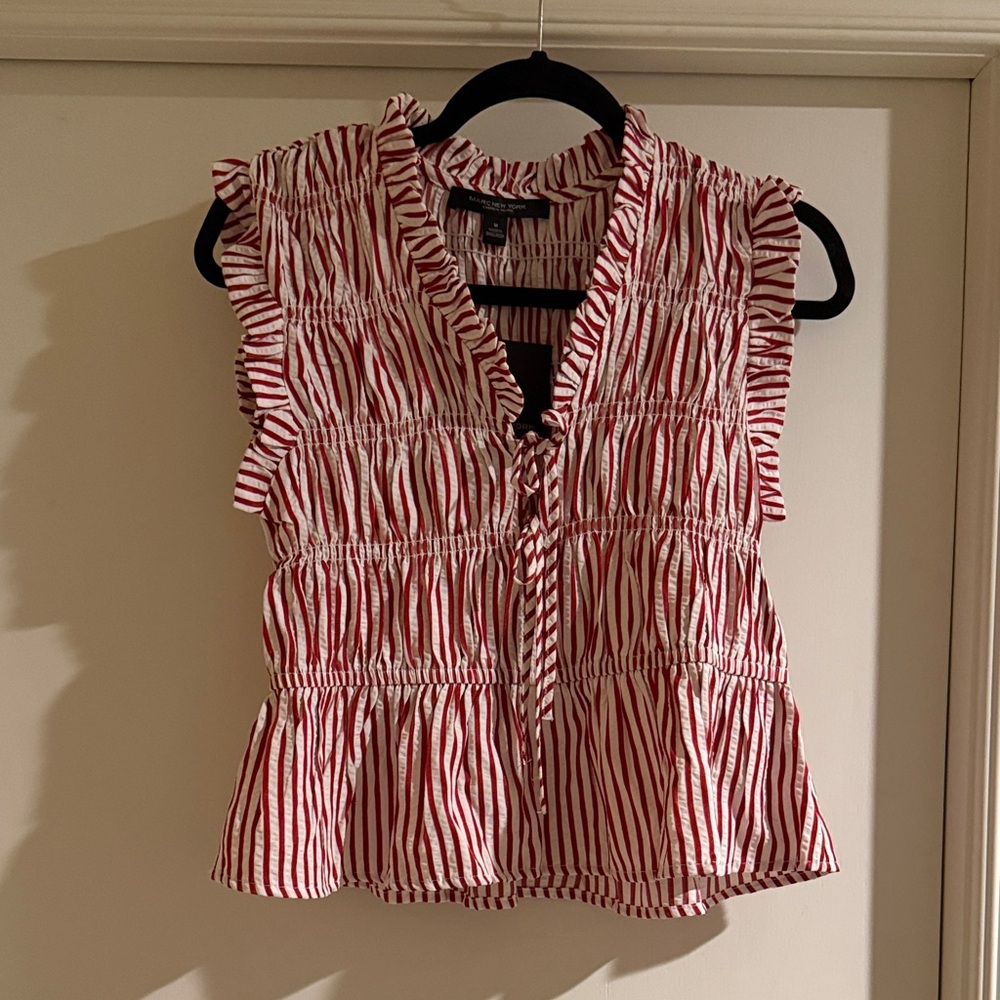 Marc New York Red and White Striped Ruffle Blouse